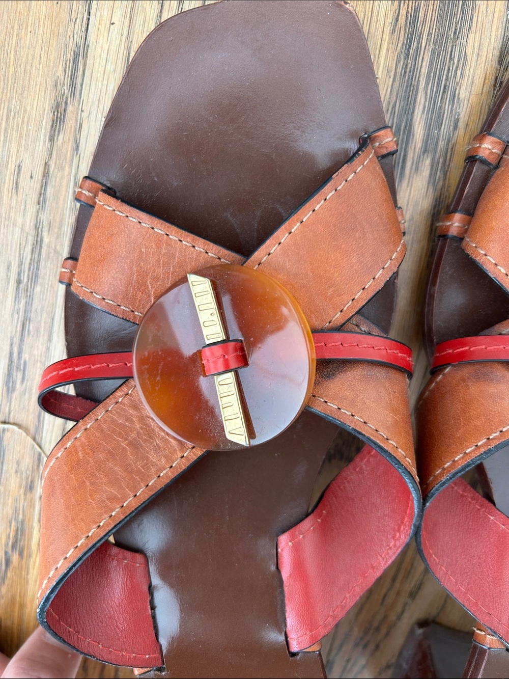 Tory Burch Brown Leather Slide Sandals with Red Trim and Gold Accents - Picture 5 of 5